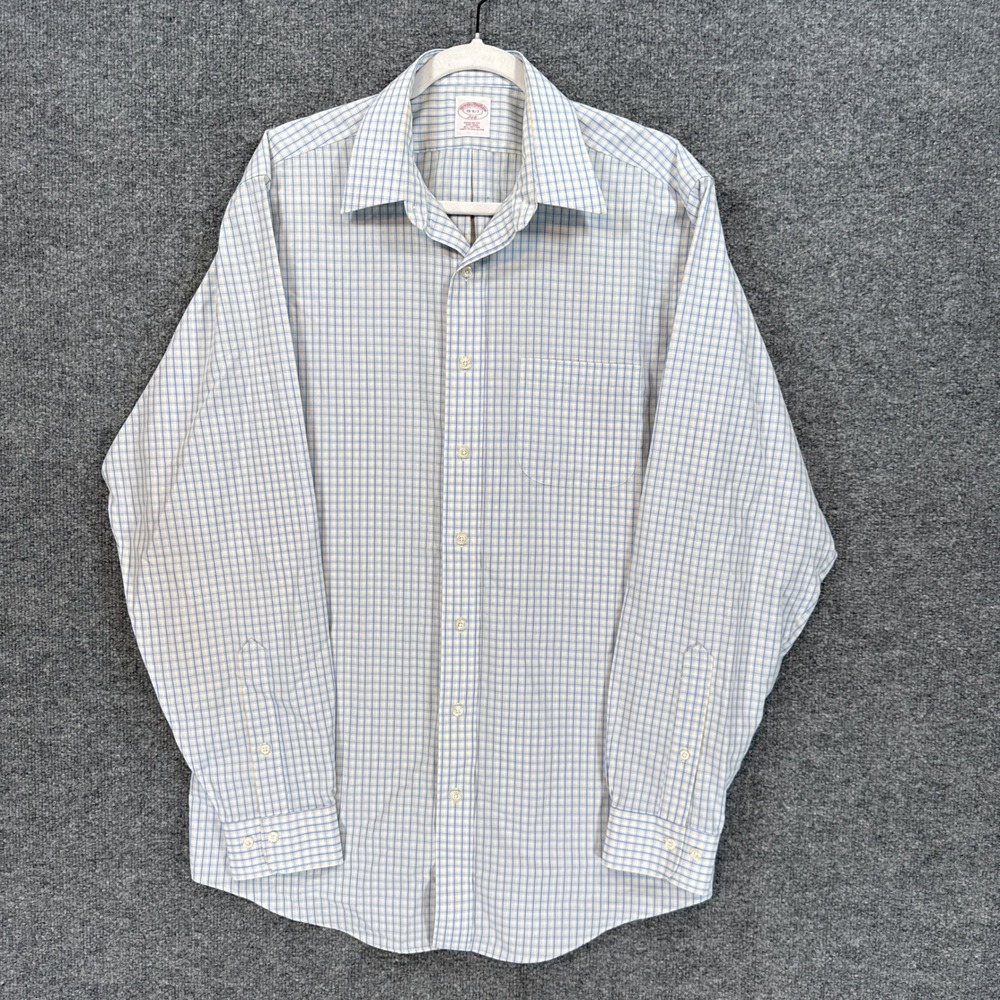 Brooks Brothers Shirt Mens 16.5 Blue Plaid Non-Iron Cotton Button Down Office